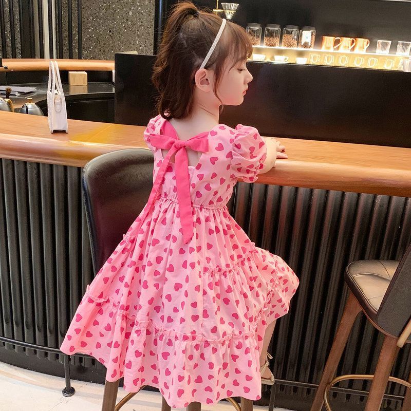 Girls Pink Heart Bow Princess Dress Summer High-End Dress