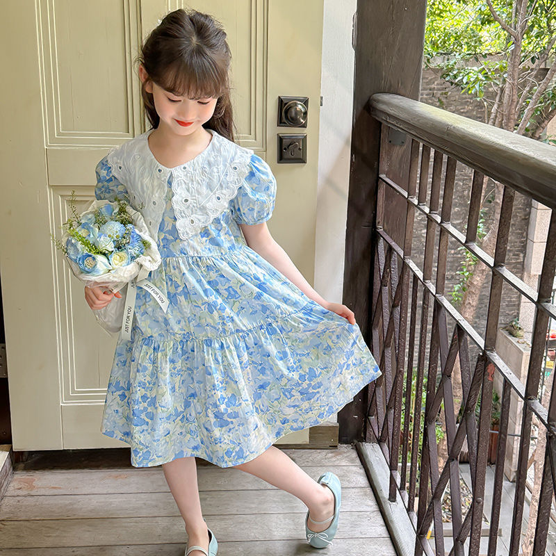 Girls Blue Floral Princess Dress White Collar Summer Outfit