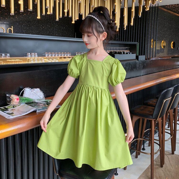Girls Korean Backless Bow Princess Beach Dress Green Outfit