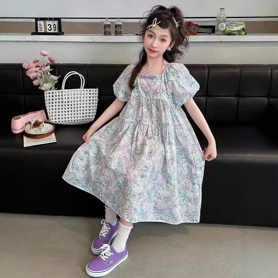 Girls Korean Floral A-Line Princess Dress Purple Summer Outfit