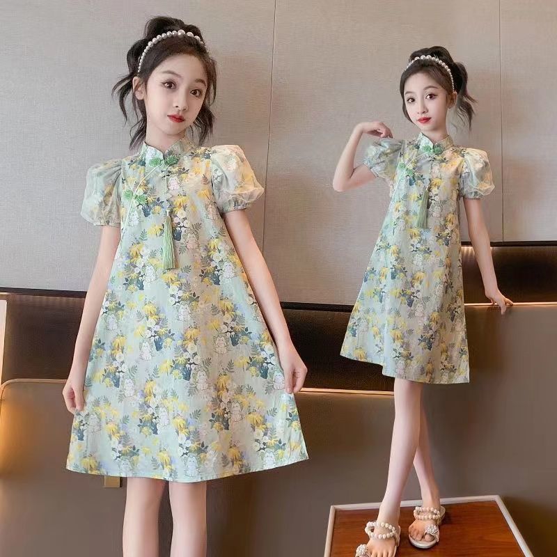 Girls Vintage Rabbit Cheongsam Dress Summer Chinese Outfit