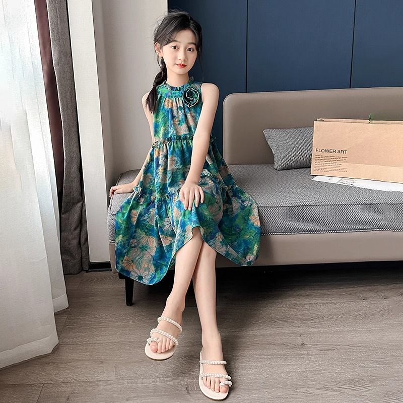 Girls Floral Beach Sling Dress Blue Rose Summer Outfit
