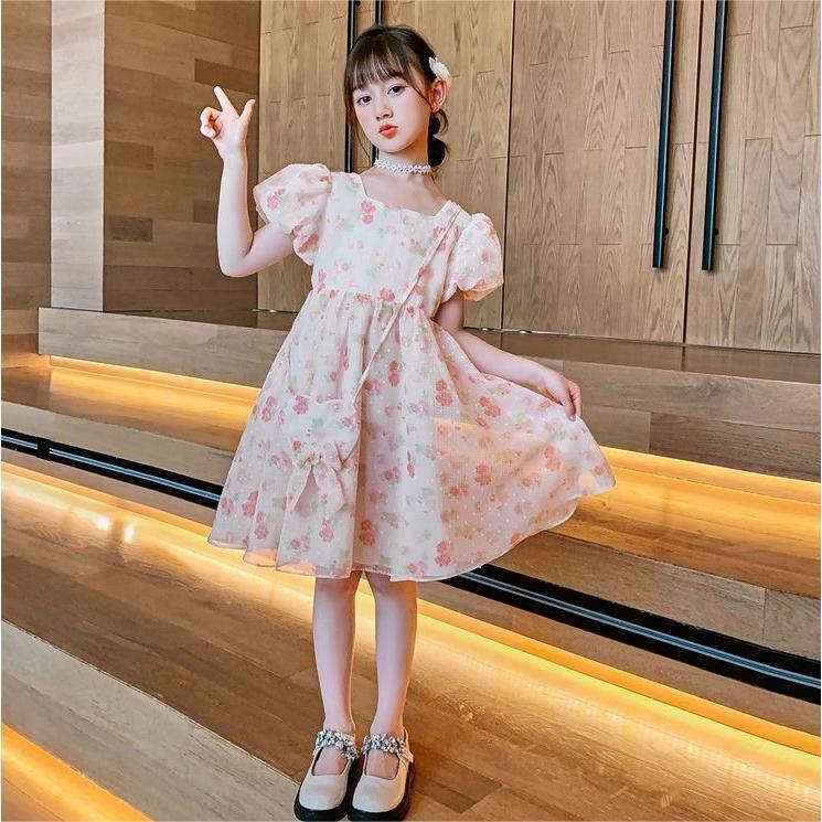 Girls Pink Back Bow Princess Dress Mid-Length Summer Outfit
