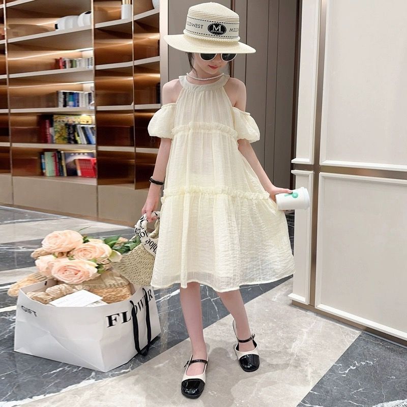 Girls Off-Shoulder Chiffon Princess Dress Summer Outfit