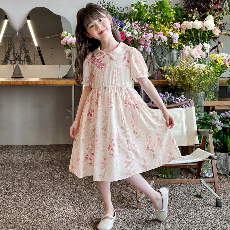Girls Floral Princess Dress Round Neck Summer Outfit