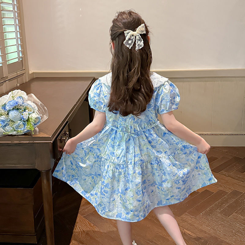 Girls Blue Floral Princess Long Dress White Collar Outfit