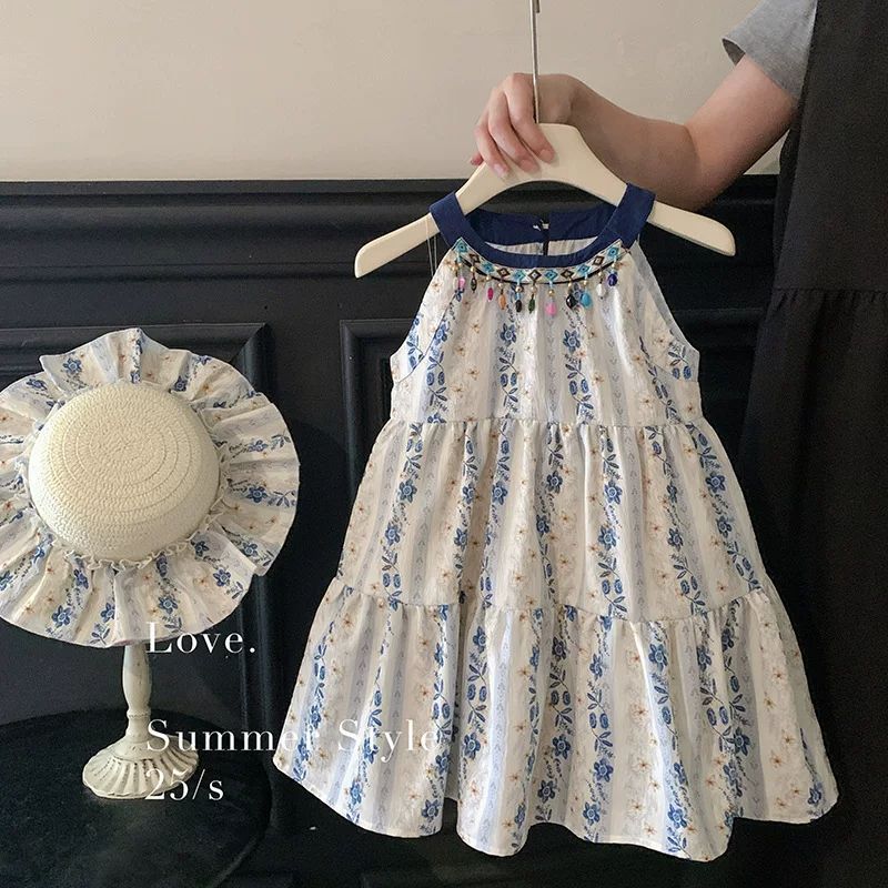 Girls Floral Halter Princess Dress Ethnic Style Summer Outfit