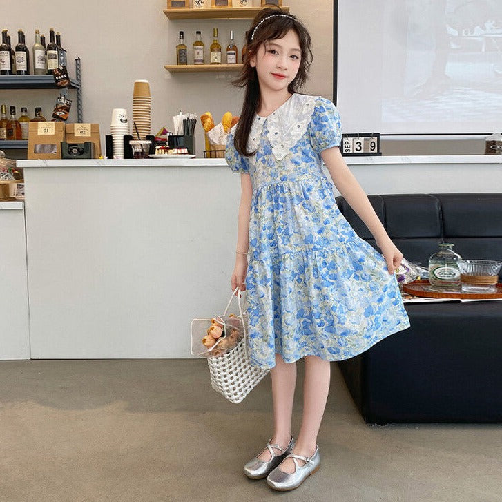 Girls Blue Floral Princess Dress White Collar Summer Outfit