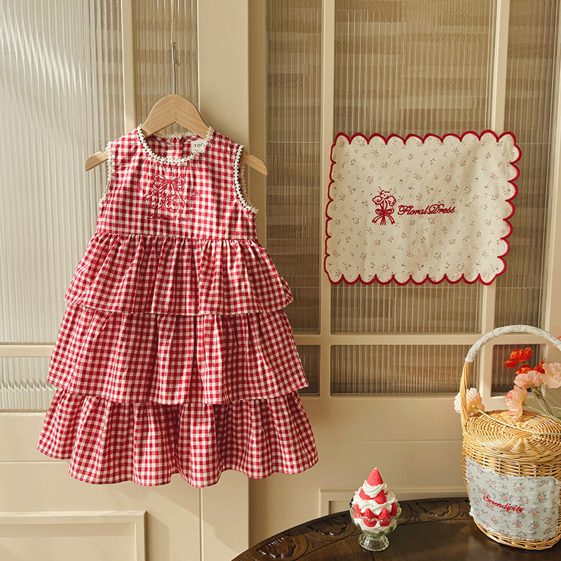 Girls Strawberry Plaid Cake Dress Sleeveless Summer Outfit