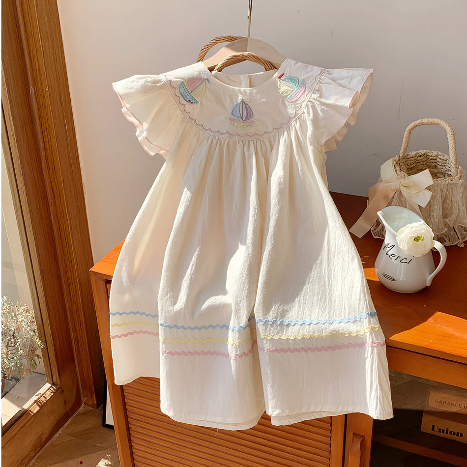 Girls Sailboat Embroidered Navy A-Line Summer Dress