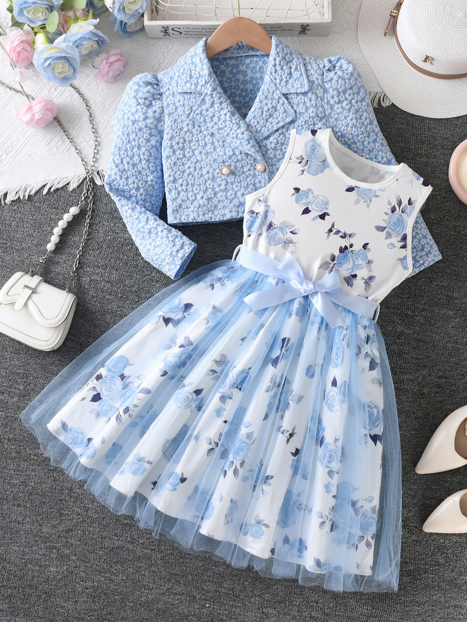 Girls Sky Blue Rose Vest Dress Set Two-Piece Autumn Outfit