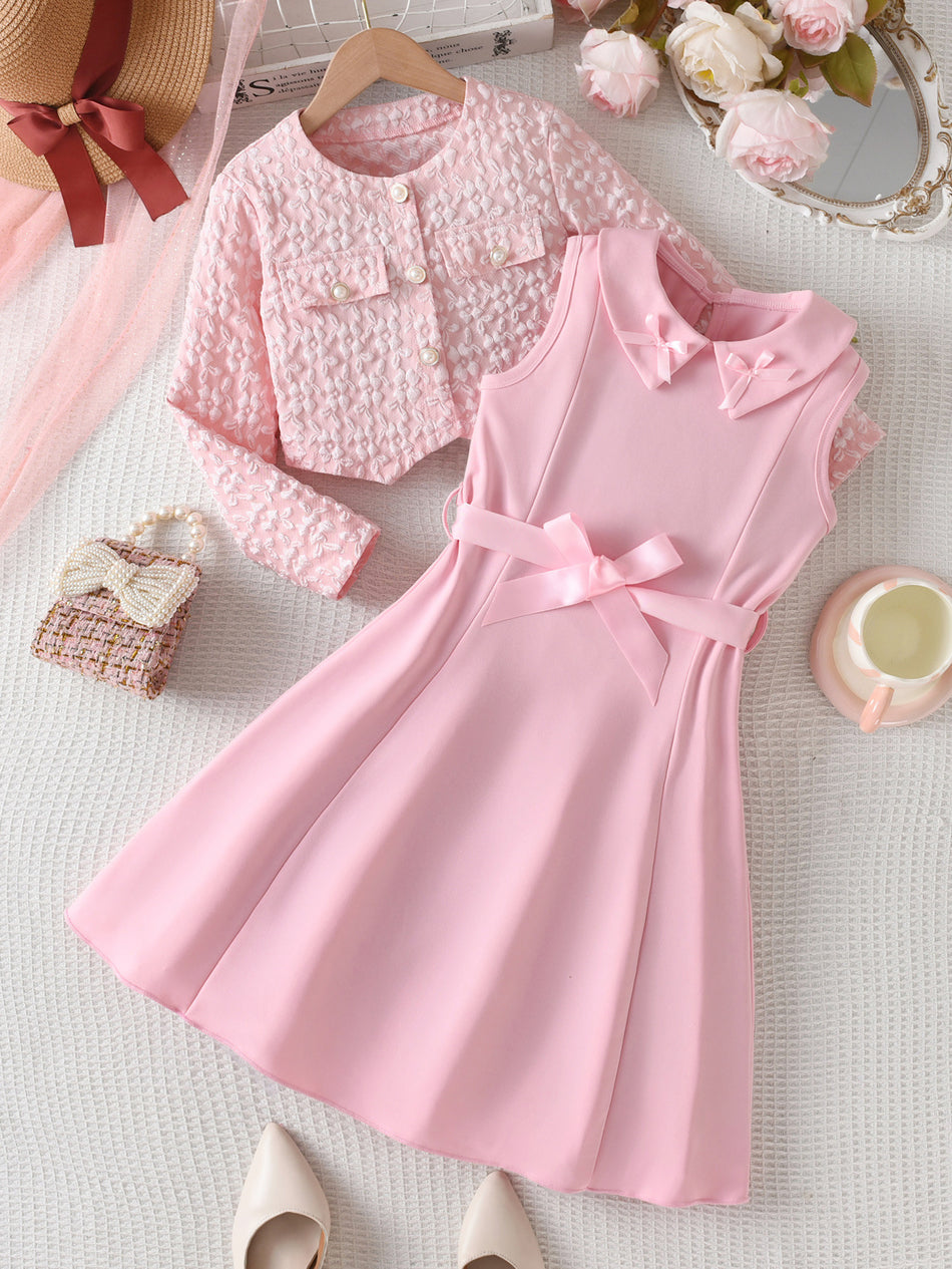 Girls Pink Bow Two-Piece Skirt Suit Jacket Set