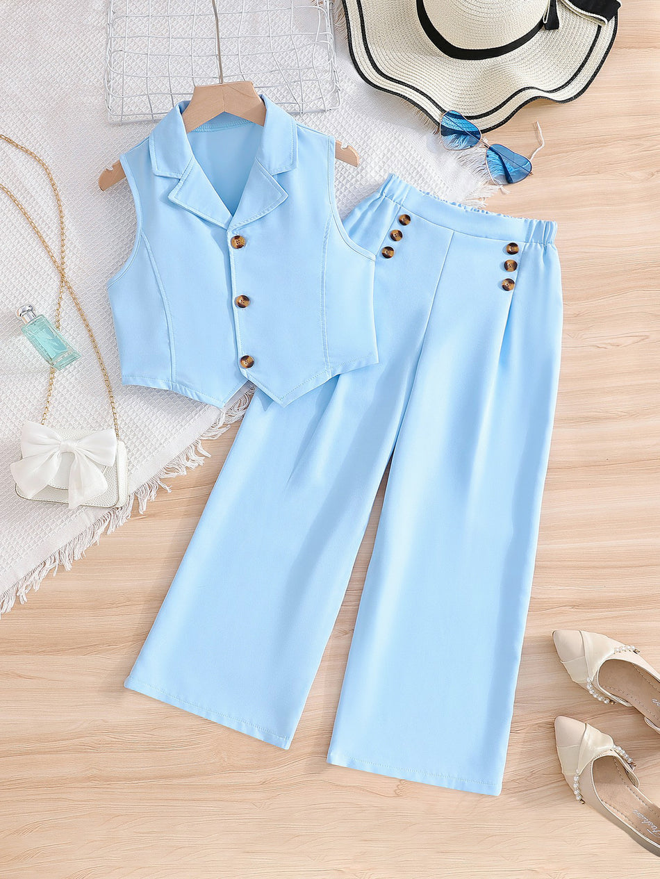 Girls Sky Blue Sleeveless Suit Set Two-Piece Summer Outfit
