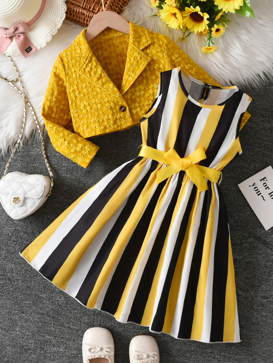 Girls Striped Vest Dress Jacket Set Two-Piece Autumn Suit