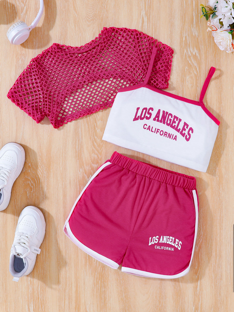 Girls Retro Sport Mesh Two-Piece Letter Print Summer Set
