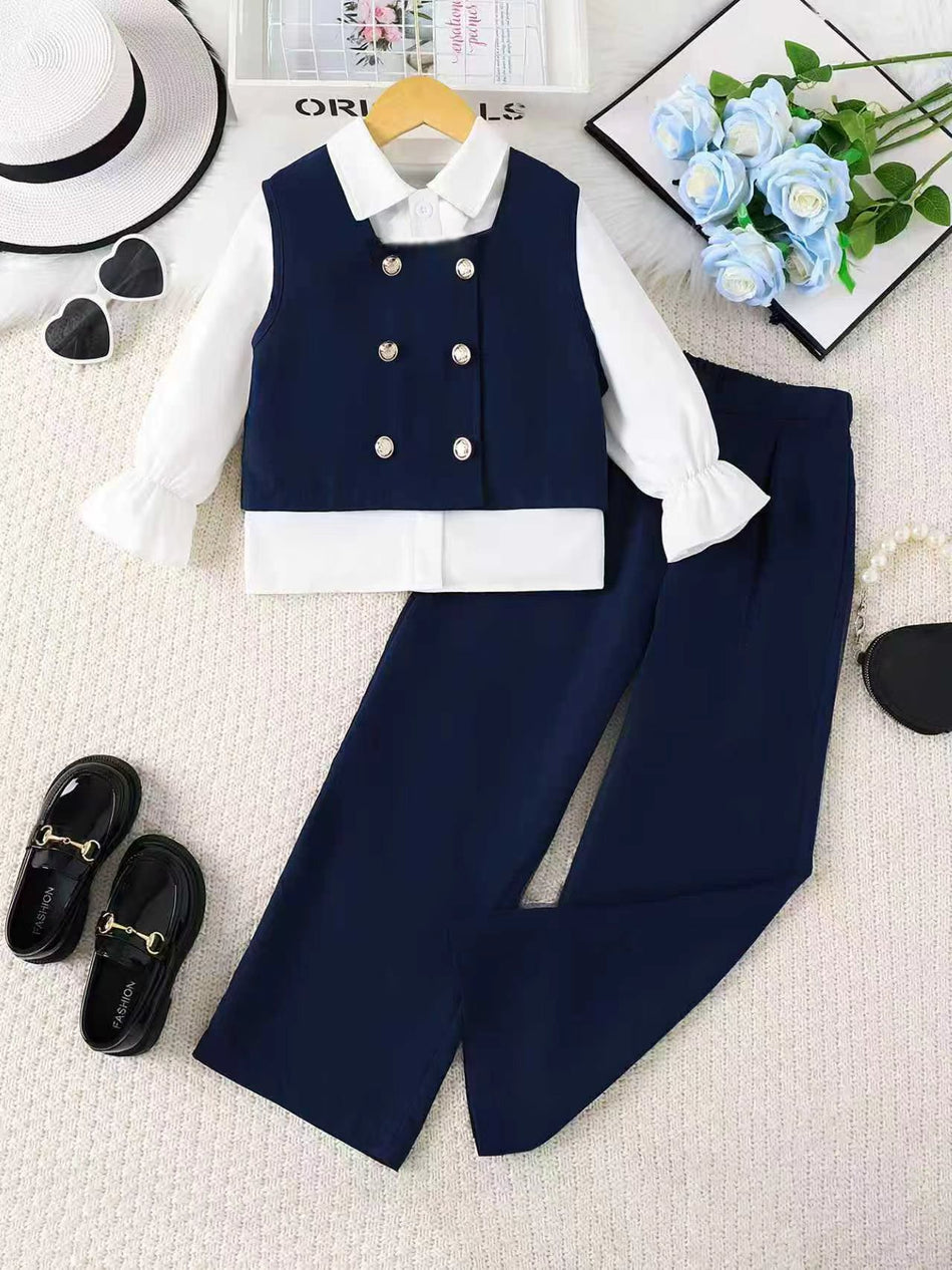 Girls British Style Three-Piece Suit Vest Shirt Pants Set