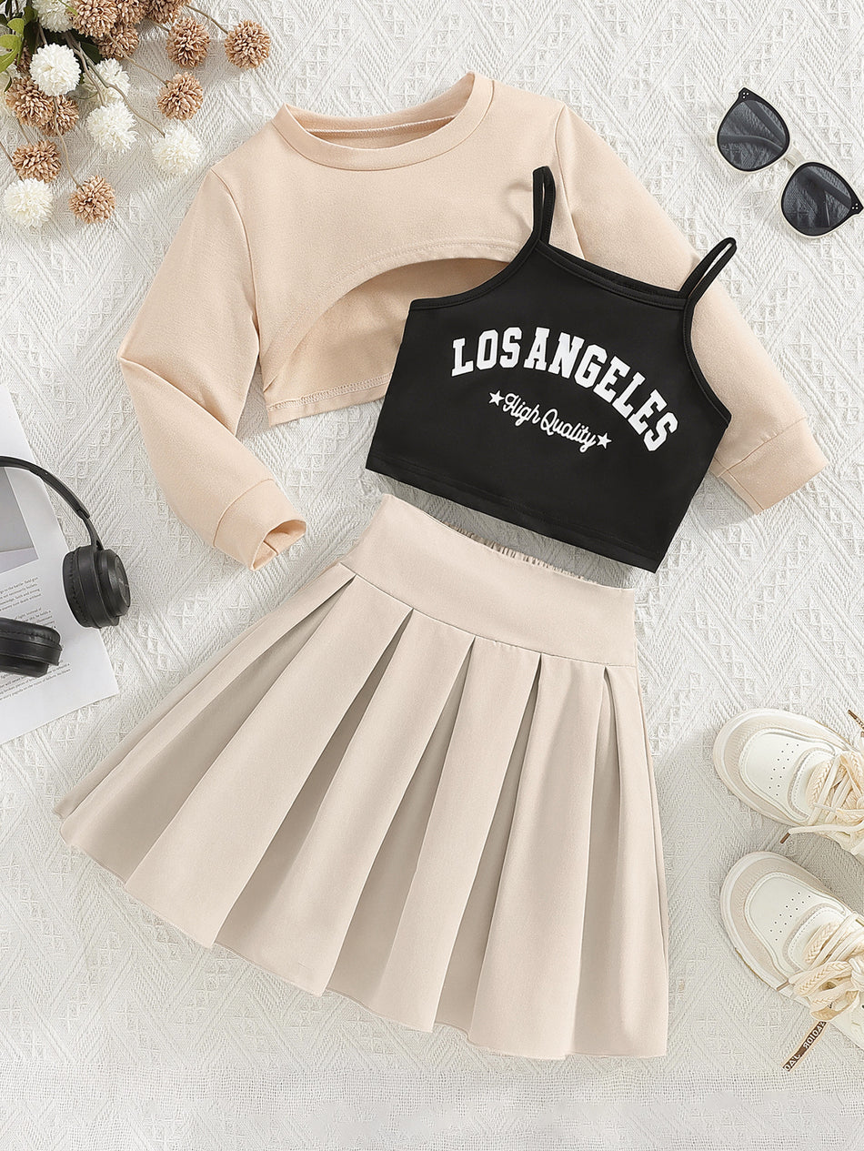 Girls Apricot Sport Three-Piece Sweatshirt Skirt Set
