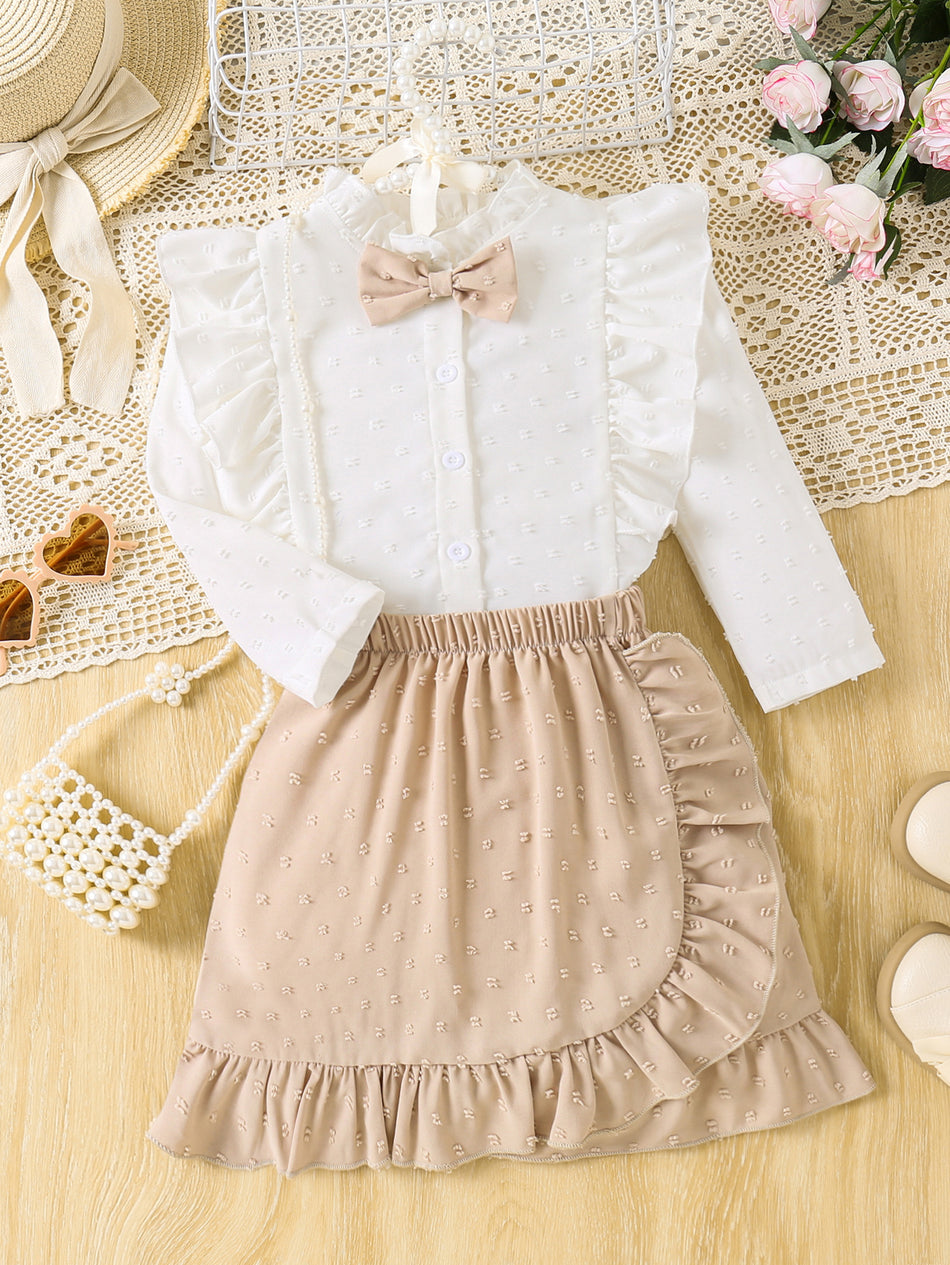 Girls Lace White Shirt Bow Skirt Set Elegant Kids Outfit