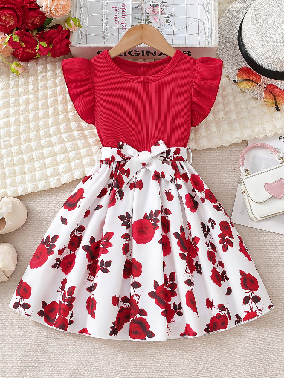 Girls Floral A-Line Princess Dress Red Flying Sleeve Outfit
