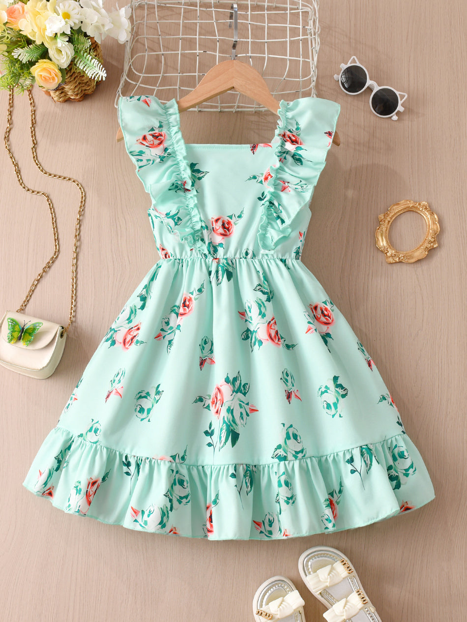 Girls Mint Green Ruffle Off Shoulder A-Line Dress Summer