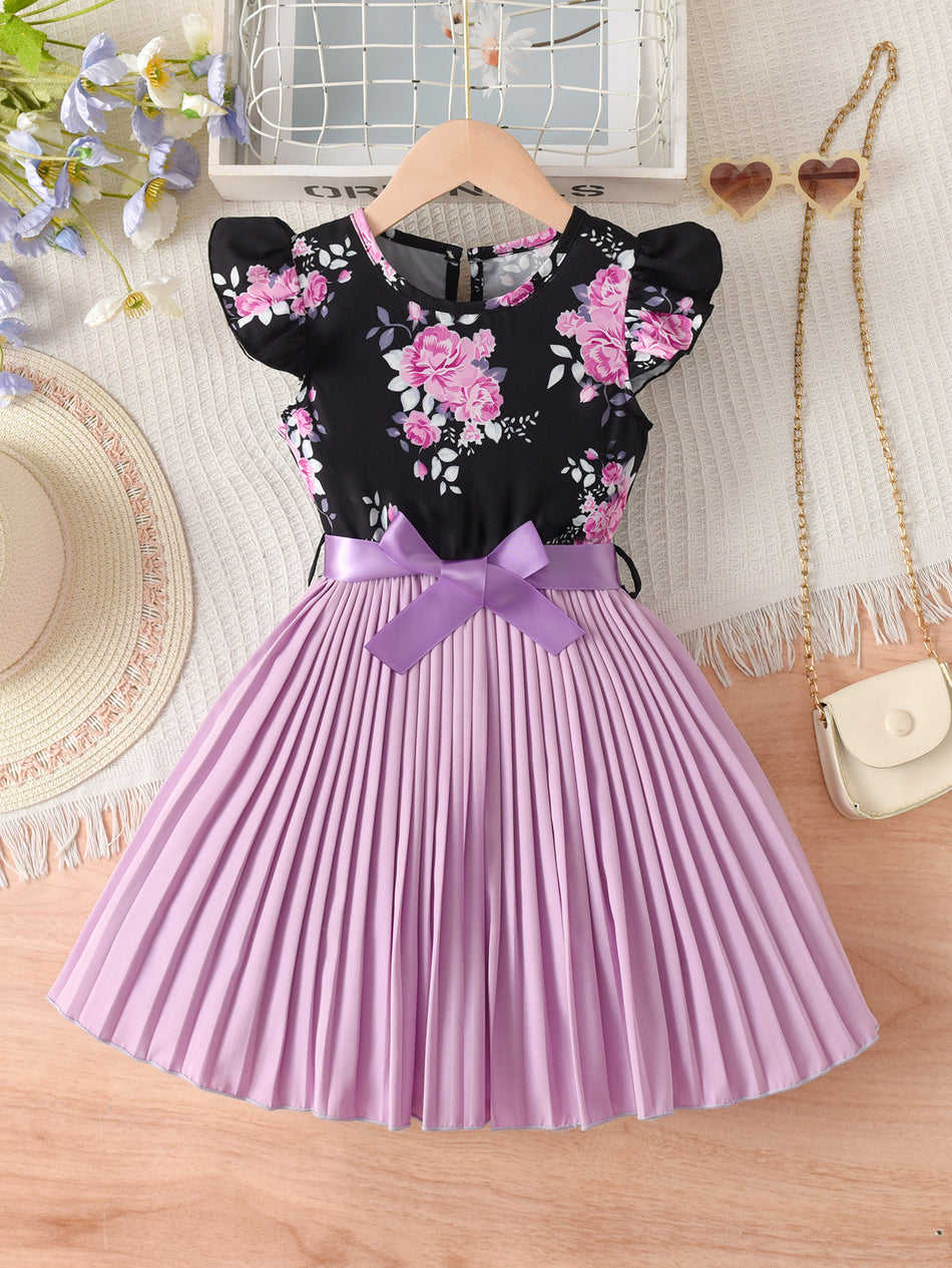 Girls Floral Pleated A-Line Dress Purple Black Sleeve Outfit