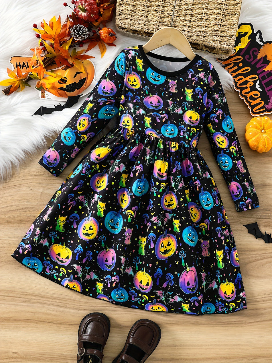 Girls Halloween Pumpkin Print Luminous A-Line Dress Long Sleeve
