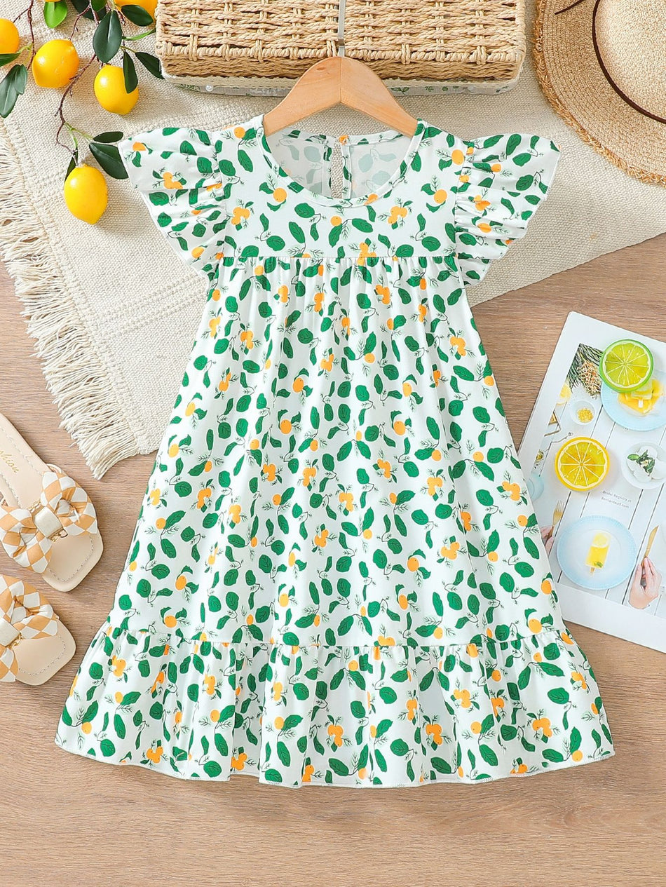 Girls Lemon Print Flutter Sleeve A-Line Summer Dress Kids