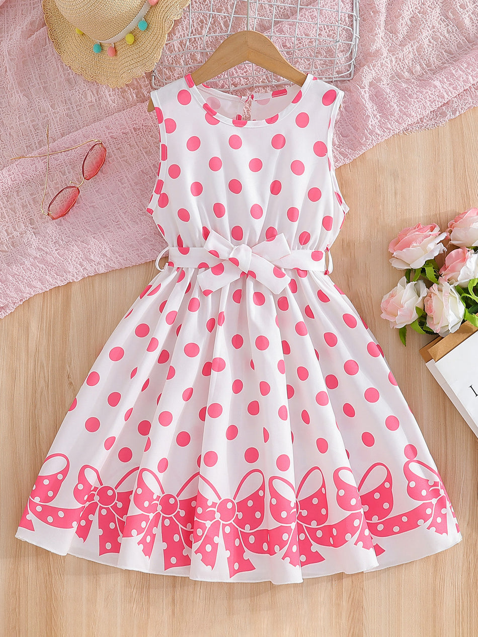 Girls Pink Polka Dot Bow A-Line Sleeveless Summer Dress