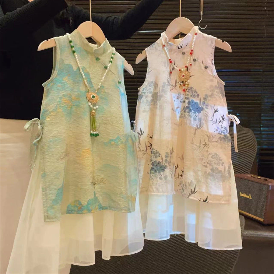 Girls Traditional Hanfu Cheongsam A-Line Summer Dress Kids