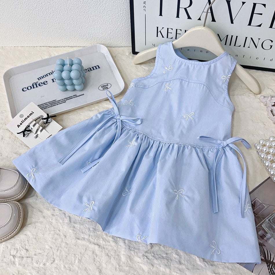 Girls Sleeveless Bow Print A-Line Sundress Summer Kids Outfit