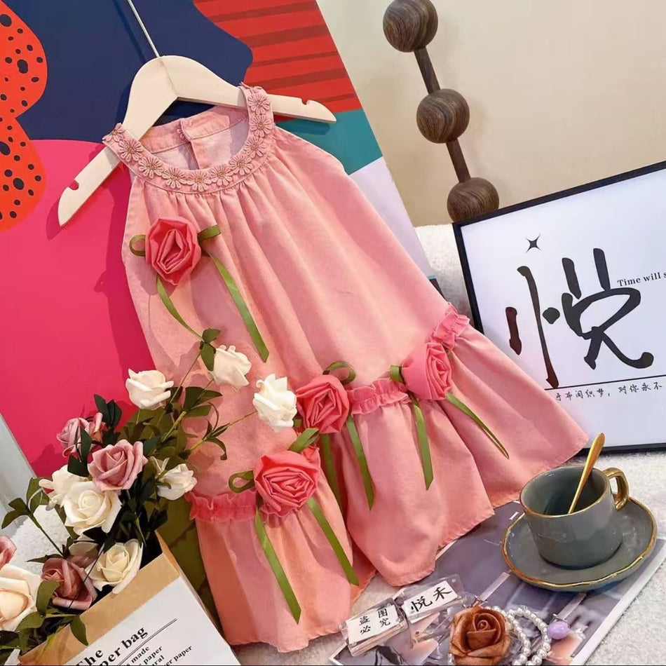 Girls Denim Style Sleeveless Princess A-Line Summer Dress Kids
