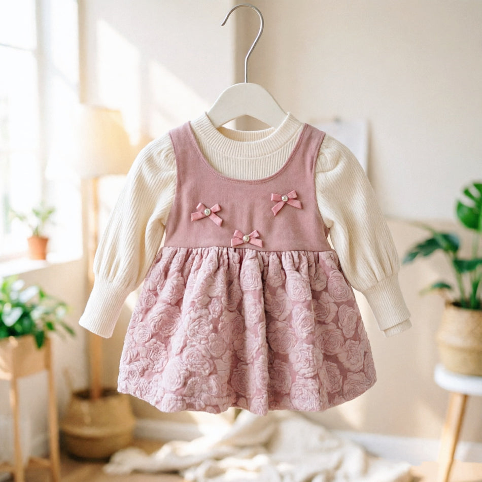 Baby Girls Korean Style Bowknot Long Sleeve Princess Dress