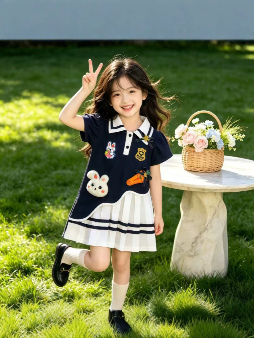 Girls Rabbit Pleated A-Line Summer Dress Cute Princess Outfit