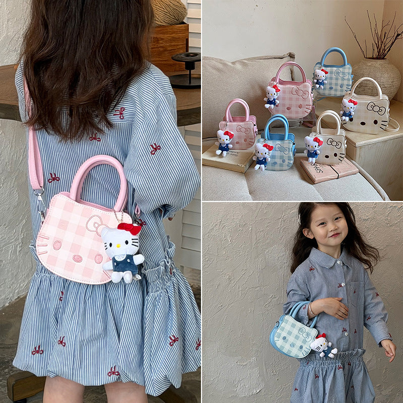 Girls Cat Embroidered Plaid Crossbody Handbag Stylish PU Bag