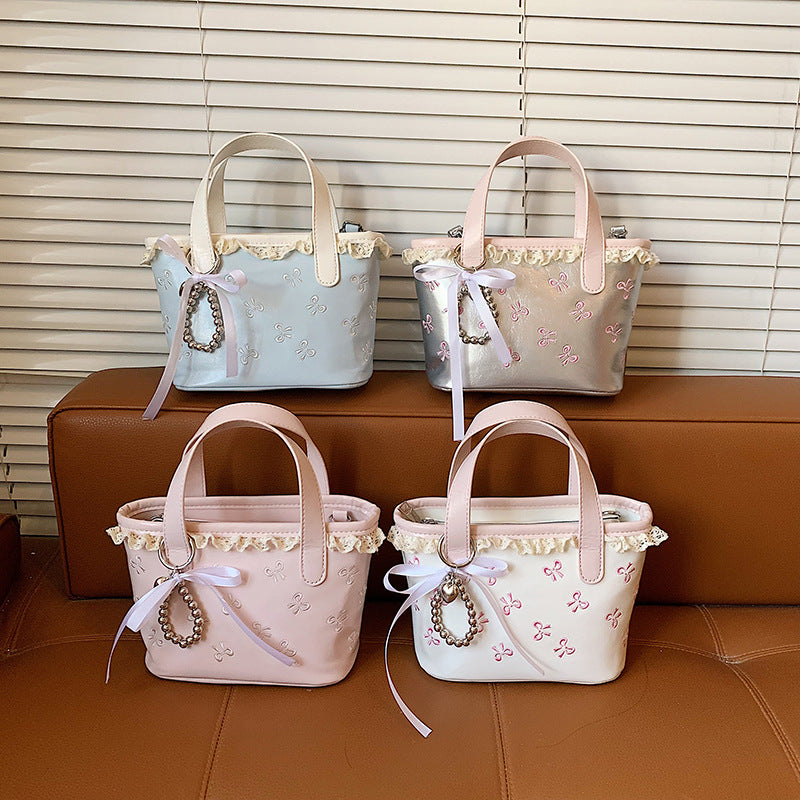 Bowknot Embroidered PU Bucket Bag Lace Crossbody Bag Women