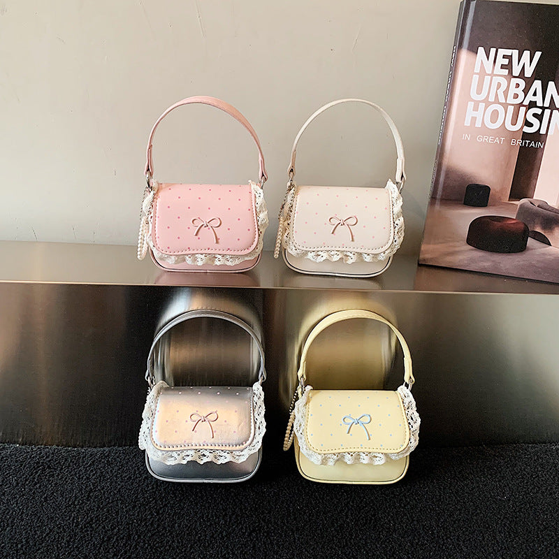 Children's Bowknot Polka Dot Girls PU Crossbody Bag Lace Handbag Lipstick