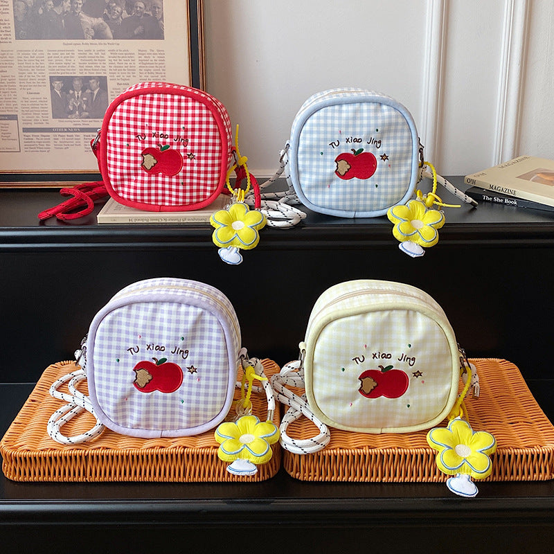 Apple Embroidered Plaid Nylon Crossbody Bag Kids Messenger Bag