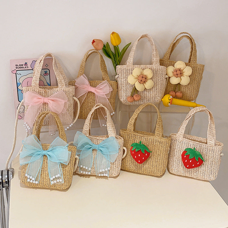 Cherry Straw Weave Crossbody Bag Girls Coin Purse Handbag