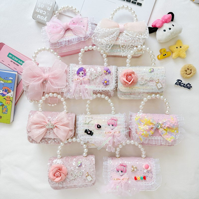 Princess Sequin Bow Crossbody Bag Girls Pearl Lace Coin Bag