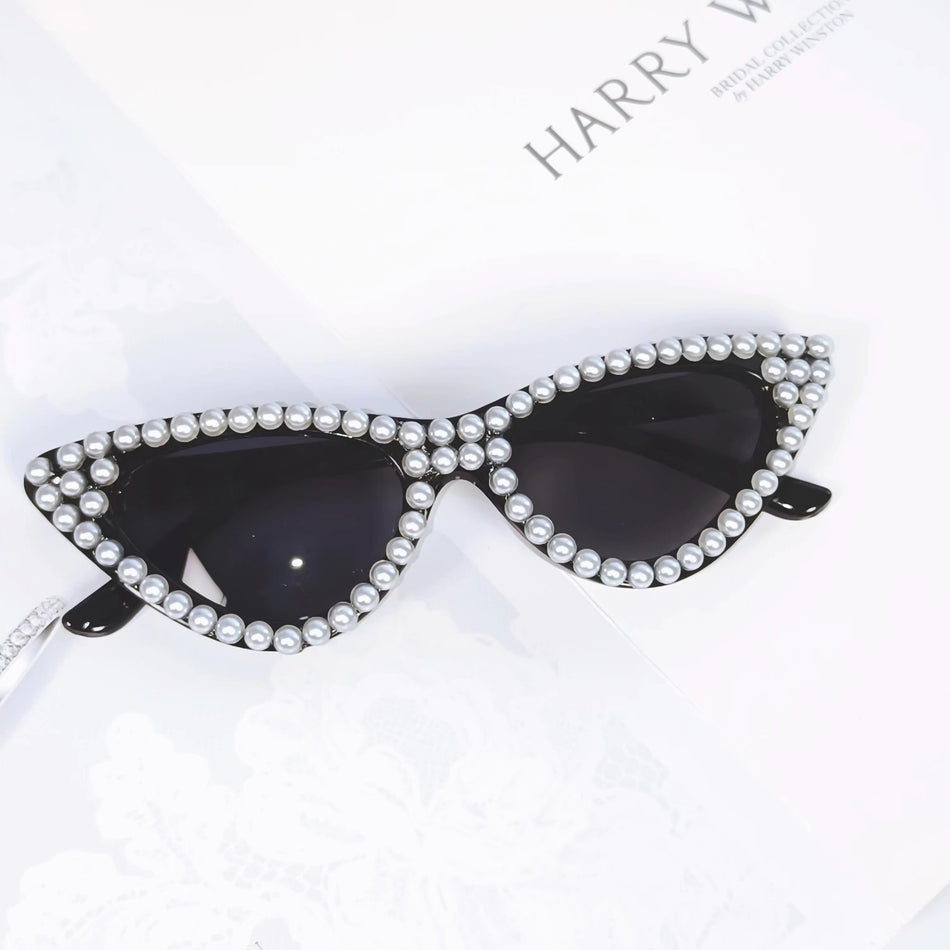 Premium Pearl-Embellished Triangular Cat-Eye Sunglasses