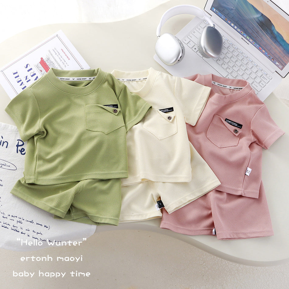 Kids Waffle Knit Short Sleeve Sportswear Two Piece Set