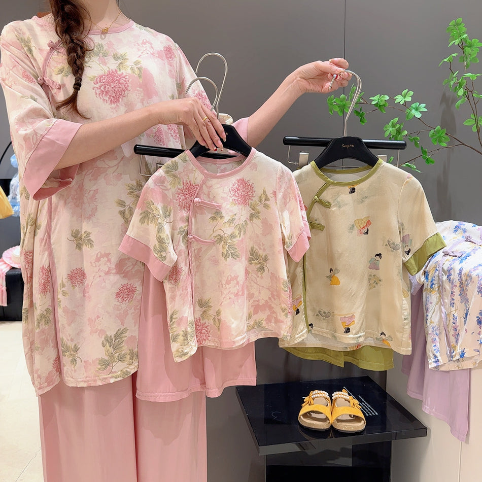 Kids Chinese Style Cotton Silk Floral Two Piece Outfit Set