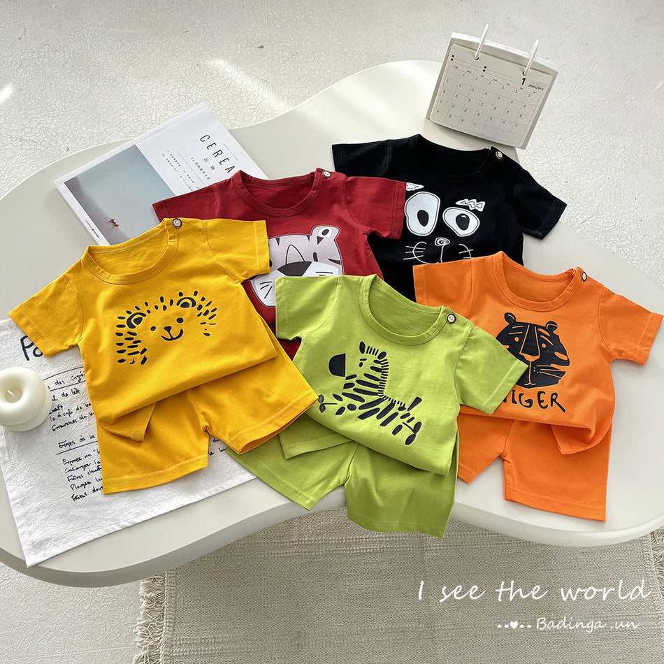 Kids Pure Cotton Short Sleeve Cartoon Two-Piece Set Summer Casual Outfit