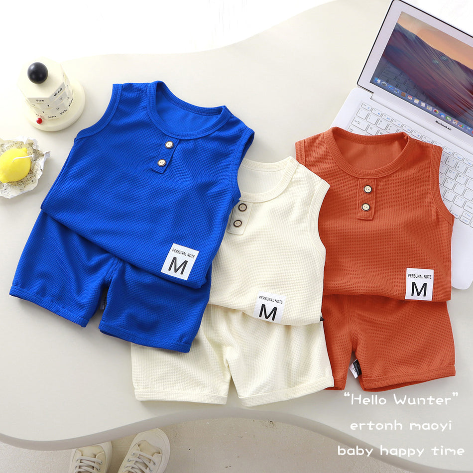 Kids Korean Style Waffle Vest Set Solid Color Summer Two-Piece Outfit