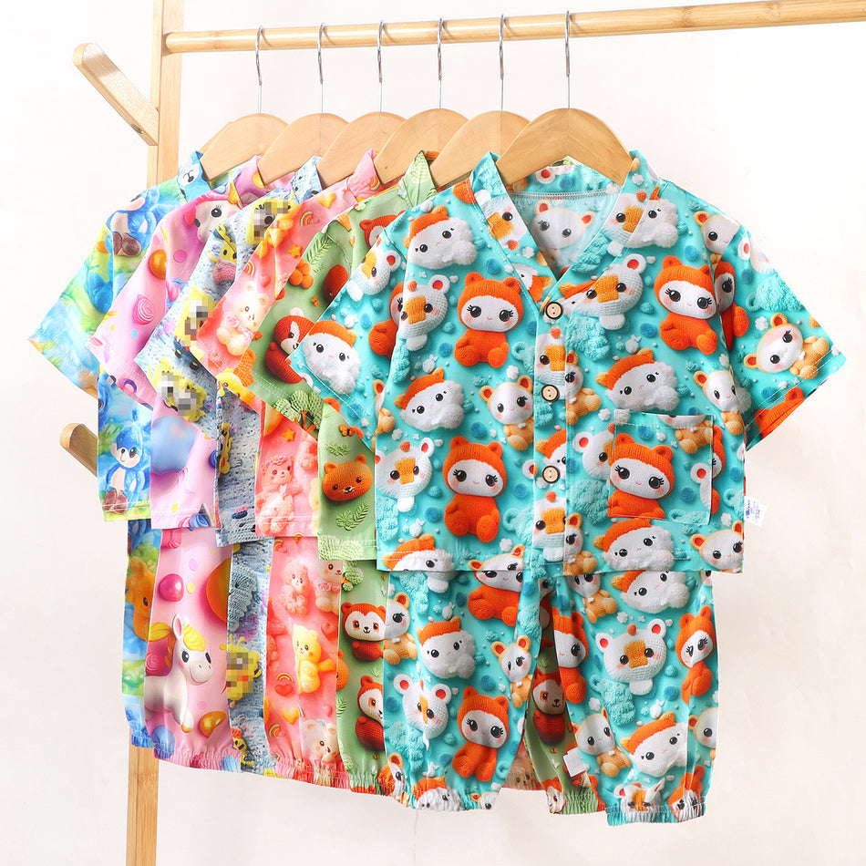Kids Cotton Silk Homewear Set Summer Air-Conditioned Pajamas Two-Piece