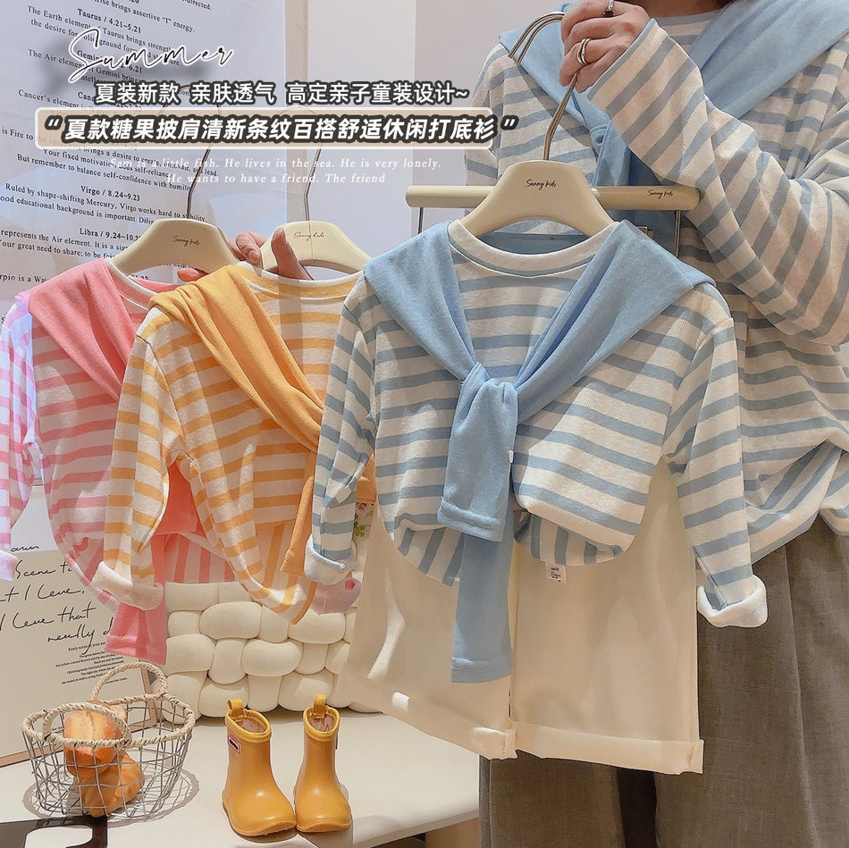 Kids Striped Long Sleeve Sun Protection Shawl T-Shirt Summer Top
