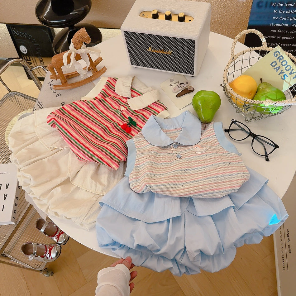 Girls’ Polo Collar Color-Block Striped Vest Set Korean Style Summer Outfit