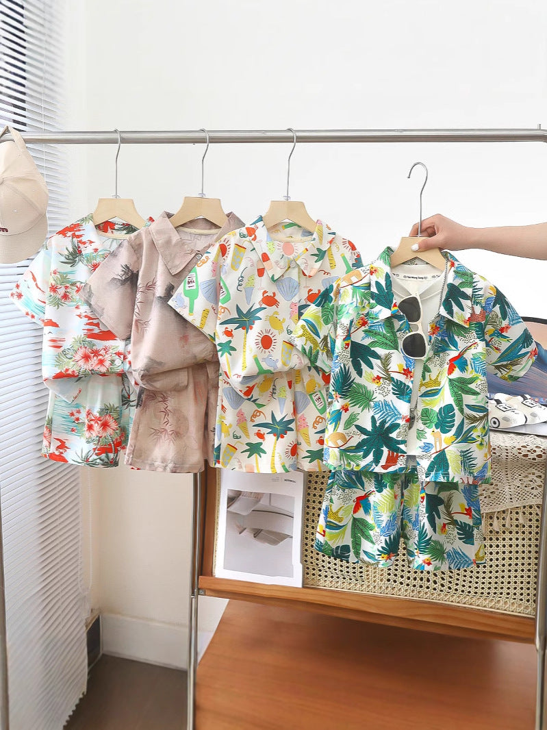 Boys’ Printed Lapel Shirt & Shorts Set Summer Beach Holiday Two-Piece Outfit