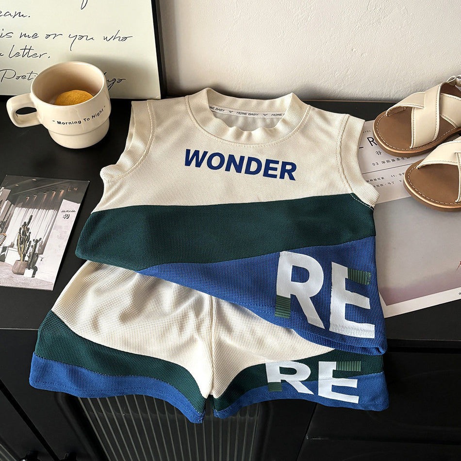 Kids Waffle Vest Set Sleeveless Shorts Casual Homewear Sports Outfit
