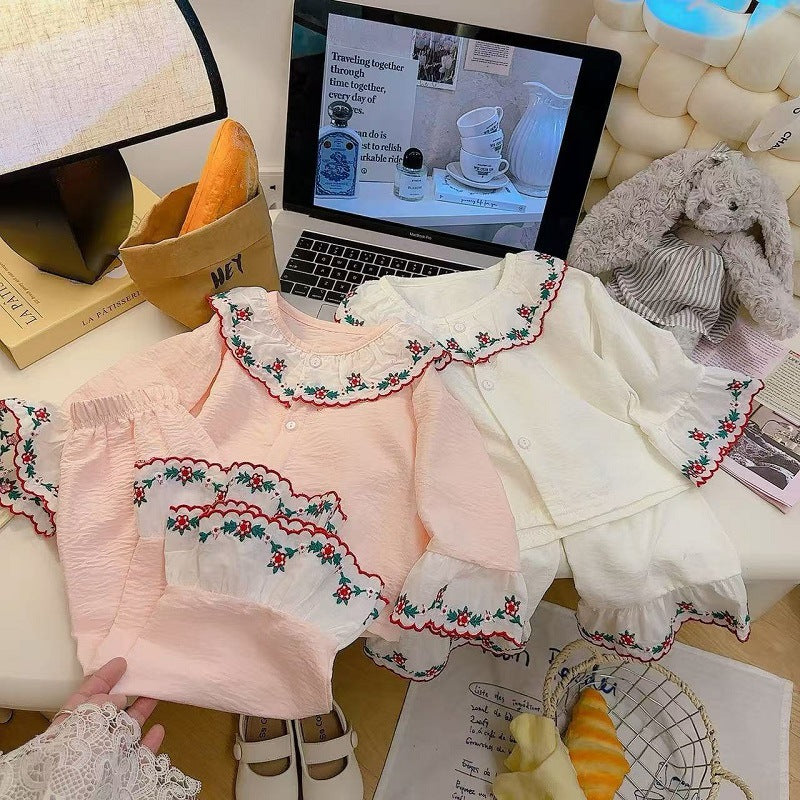 Girls Embroidered Bell Sleeve Homewear Set Spring Summer Breathable Long Sleeve Outfit